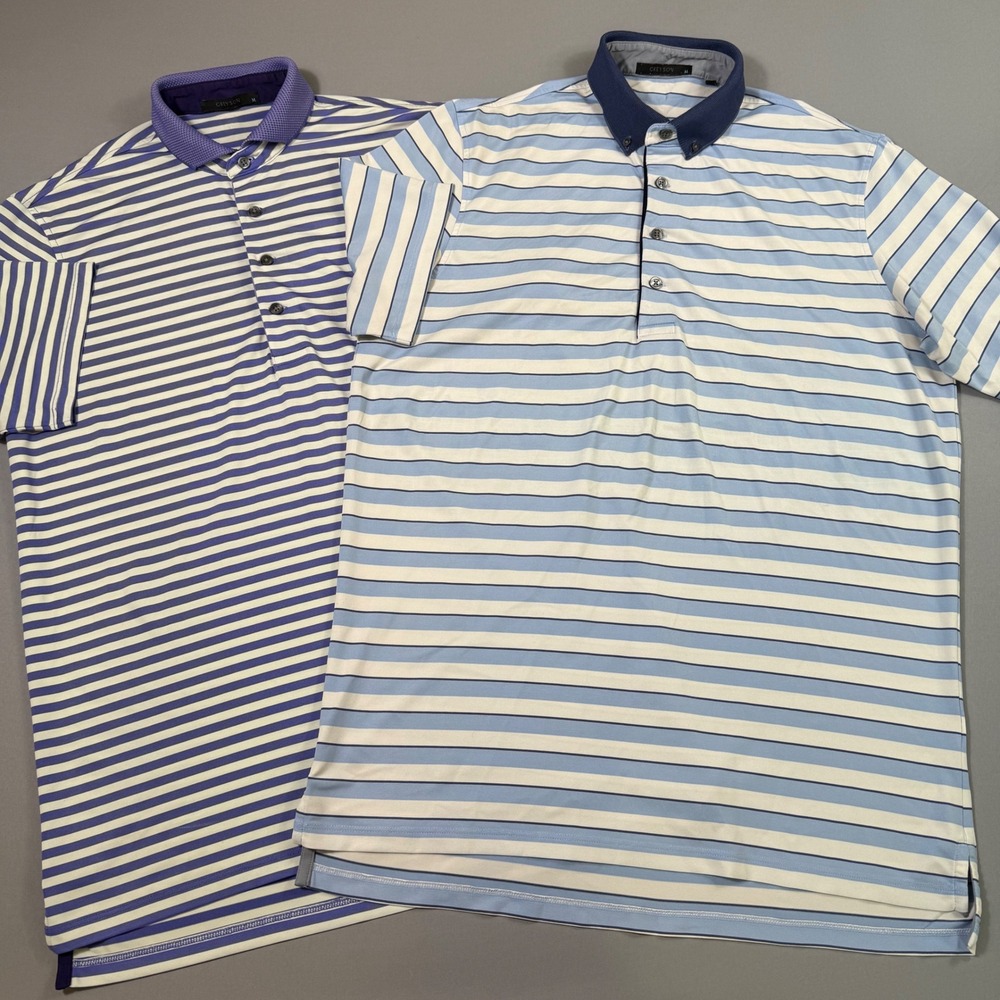 Lot of 2 Greyson Polo Shirts Mens Medium Blue Purple Striped Performance Golf